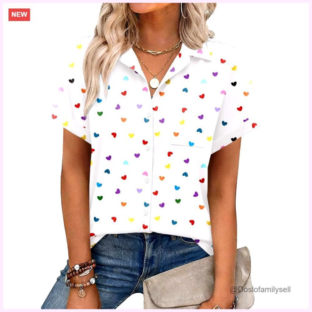 Short Sleeve Button Down Blouse V Neck Dressy Casual Business Work Top Pocket